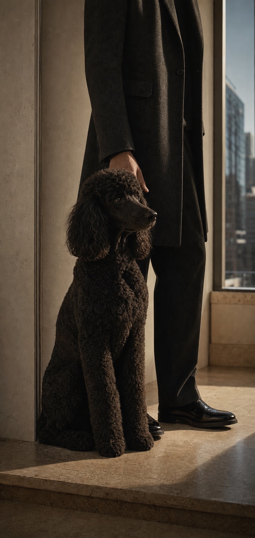A caretaker resting a gentle hand on a black standard poodle in a Manhattan home.